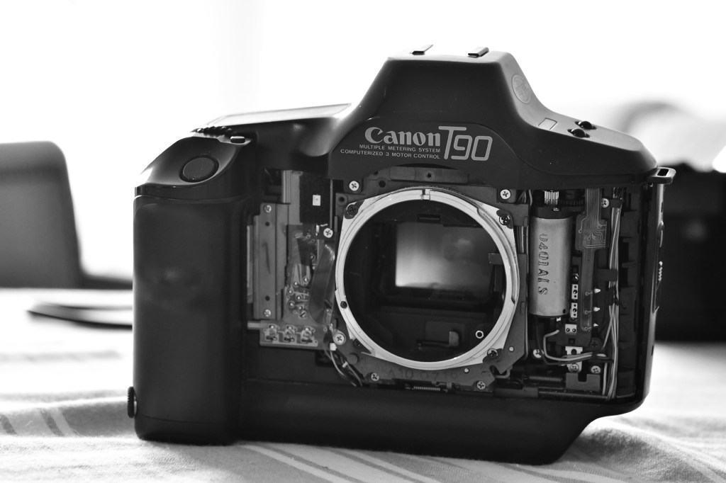Canon T90 electronics with front cover removed.