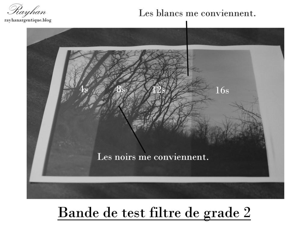 Tirage test avec différentes tranches d'exposition.