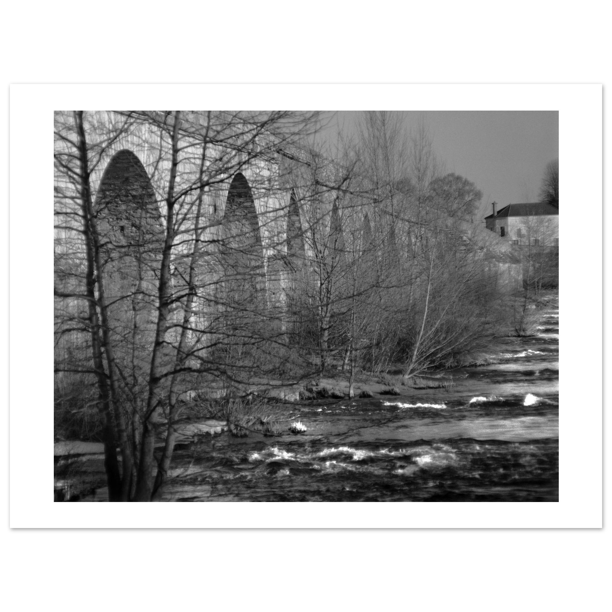 Fine art print of a bridge and the eddies of the river that passes below it and the trees that hang from it