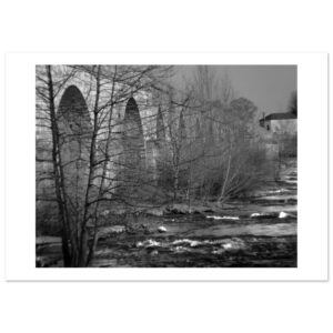 Fine art print of a bridge and the eddies of the river that passes below it and the trees that hang from it.