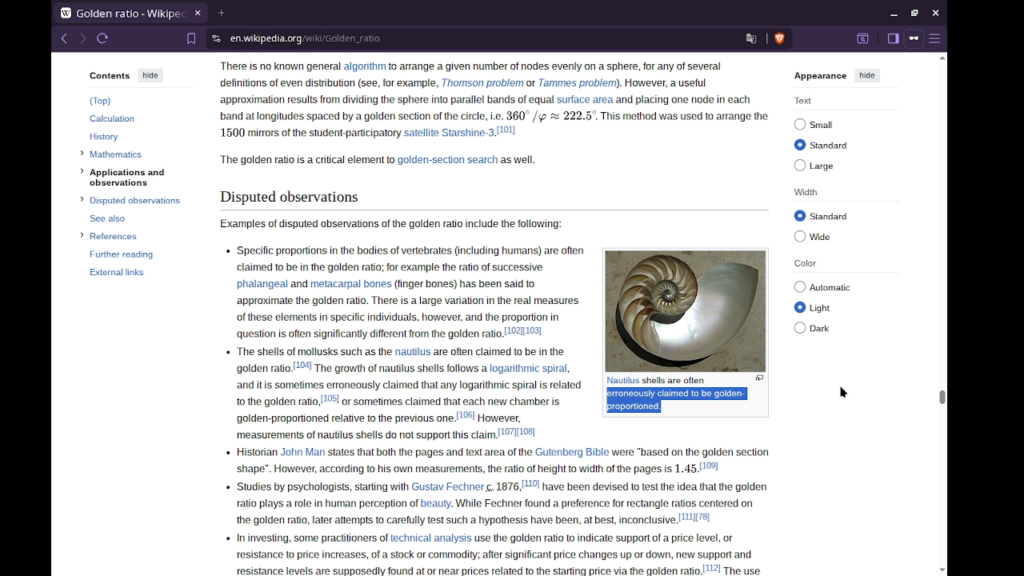 Screenshot of a wikipedia page debunking a myth about the golden ratio.