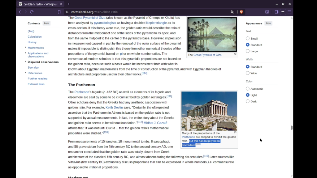 Screenshot of a wikipedia page debunking a myth about the golden ratio.
